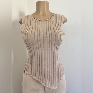 Emory Park Ribbed Knit Asymmetrical Tank Top Beige (Size S)